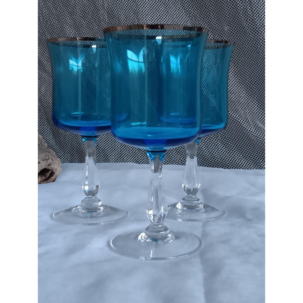 Vintage Noritake Blue Stemmed Wine Glasses Gold Rim Set Of 3